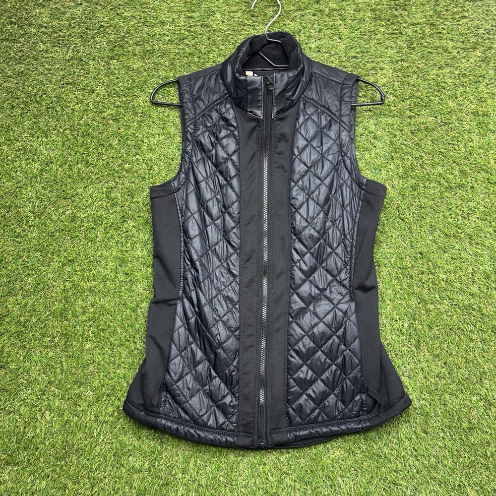 Athleta Rock Springs Quilted Vest Women Medium Black Reflective Full Zip Active